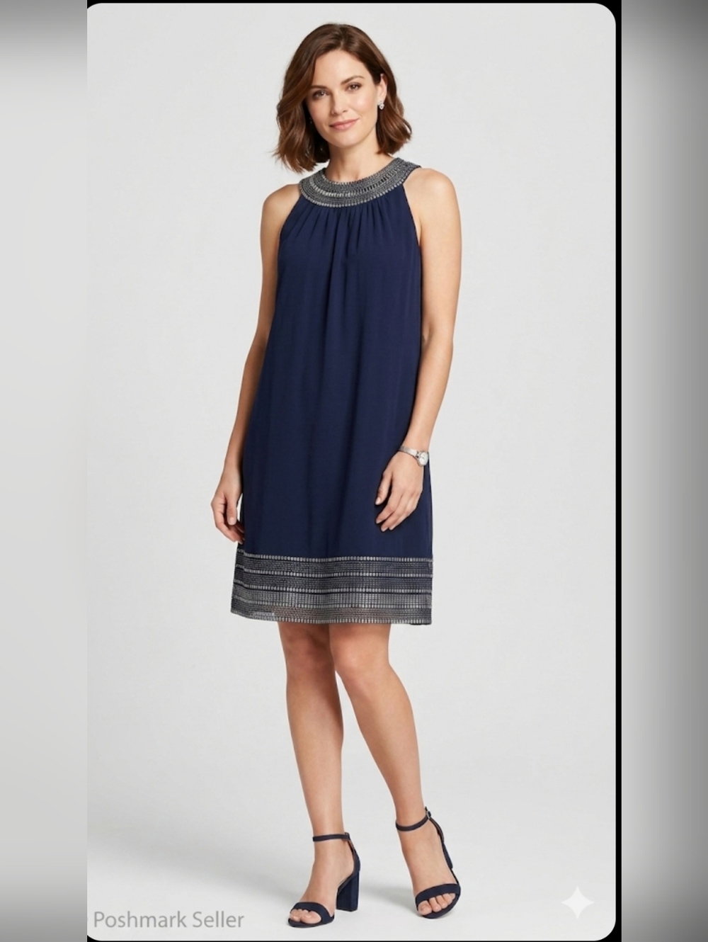 Style & Co. Navy Halter Shift Dress with Metallic Trim